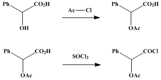 Reaction equation for ACETYLMANDELIC ACID and ACETYLMANDELYL CHLORIDE ((Mandelic acid, acetate) (Mandelyl chloride, acetate))