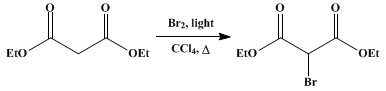 Reaction equation for ETHYL BROMOMALONATE (Malonic acid, bromo-, ethyl ester)