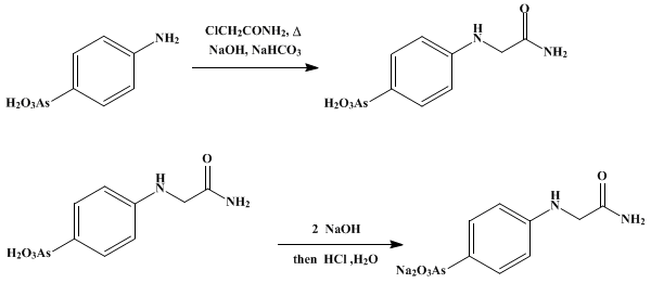 Reaction equation for SODIUM p-ARSONO-N-PHENYLGLYCINAMIDE (Tryparsamide)