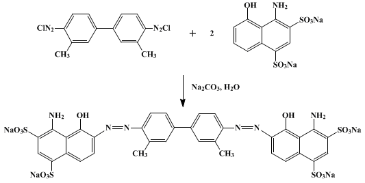 Reaction equation for COUPLING OF o-TOLIDINE AND CHICAGO ACID (Preparation of a Salt-Free Azo Dye)
