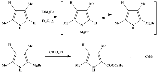 Reaction equation for 2,4-DIMETHYL-5-CARBETHOXYPYRROLE (2-Pyrrolecarboxylic acid, 3, 5-dimethyl-, ethyl ester)