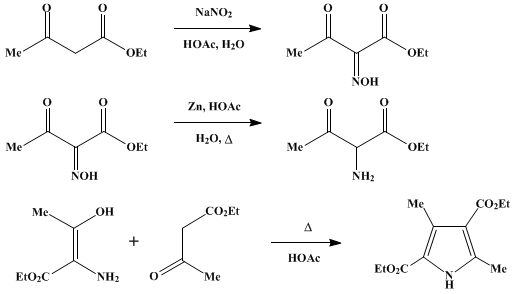 Reaction equation for 2,4-DIMETHYL-3,5-DICARBETHOXYPYRROLE (2,4-Pyrroledicarboxylic acid, 3,5-dimethyl-, diethyl ester)