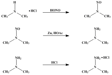 Reaction equation for unsym.-DIMETHYLHYDRAZINE HYDROCHLORIDE (Hydrazine, 1,1-dimethyl-, hydrochloride)