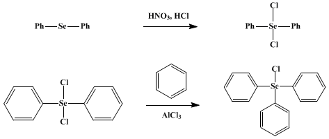 Reaction equation for DIPHENYLSELENIUM DICHLORIDE AND TRIPHENYLSELENONIUM CHLORIDE (Selenium compounds, diphenyl- dichloride)