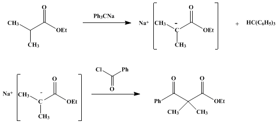 Reaction equation for ETHYL BENZOYLDIMETHYLACETATE (Isobutyric acid, α-benzoyl-, ethyl ester)