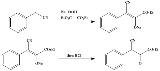 Reaction equation for ETHYL PHENYLCYANOPYRUVATE (Pyruvic acid, cyanophenyl-, ethyl ester)