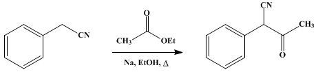 Reaction equation for α-PHENYLACETOACETONITRILE (α-Tolunitrile, α-acetyl-)
