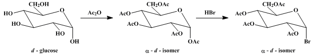 Reaction equation for ACETOBROMOGLUCOSE (2,3,4,6-Tetraacetyl-α-d-glucopyranosyl bromide)