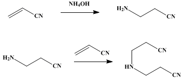 Reaction equation for β-AMINOPROPIONITRILE and bis-(β-CYANOETHYL)-AMINE (Propionitrile, β-amino-, and propionitrile, β,β'-iminodi-)