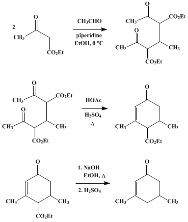 Reaction equation for 3,5-DIMETHYL-4-CARBETHOXY-2-CYCLOHEXEN-1-ONE and 3,5-DIMETHYL-2-CYCLOHEXEN-1-ONE (2-Cyclohexen-1-one, 4-carbethoxy-3,5-dimethyl-, and 2-cyclohexen-1-one, 3,5-dimethyl-)