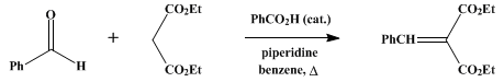 Reaction equation for ETHYL BENZALMALONATE (Malonic acid, benzal-, diethyl ester)
