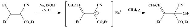 Reaction equation for ETHYL (1-ETHYLPROPENYL)METHYLCYANOACETATE (3-Pentenoic acid, 2-cyano-3-ethyl-2-methyl-, ethyl ester)