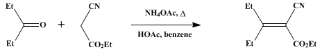 Reaction equation for ETHYL (1-ETHYLPROPYLIDENE)CYANOACETATE (2-Pentenoic acid, 2-cyano-3-ethyl-, ethyl ester)