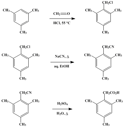 Reaction equation for MESITYLACETIC ACID (Acetic acid, mesityl-)