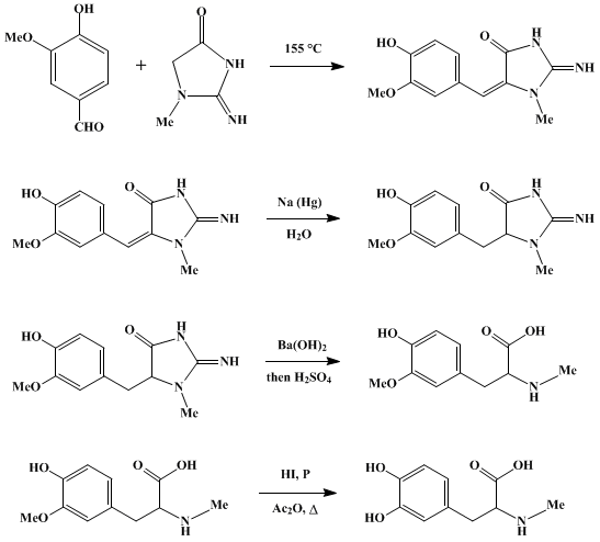 Reaction equation for N-METHYL-3,4-DIHYDROXYPHENYLALANINE (Alanine, β-(3,4-dihydroxyphenyl)-N-methyl-)