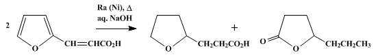 Reaction equation for γ-n-PROPYLBUTYROLACTONE AND β-(TETRAHYDROFURYL)PROPIONIC ACID (Enanthic acid, γ-hydroxy-, lactone, and 2-furanpropionic acid, tetrahydro-)