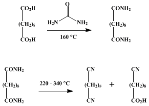 Reaction equation for SEBACONITRILE AND ω-CYANOPELARGONIC ACID (Sebaconitrile and pelargonic acid, θ-cyano-)