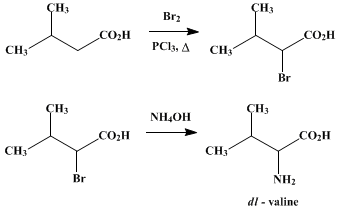 Reaction equation for dl-VALINE (Isovaleric acid, α-amino)