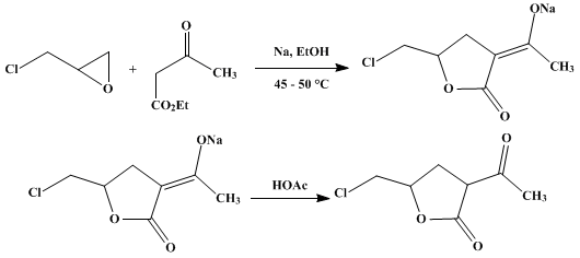 Reaction equation for α-ACETYL-δ-CHLORO-γ-VALEROLACTONE (Valeric acid, 2-acetyl-5-chloro-4-hydroxy-, γ-lactone)