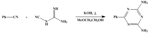 Reaction equation for BENZOGUANAMINE (s-Triazine, 2,4-diamino-6-phenyl-)