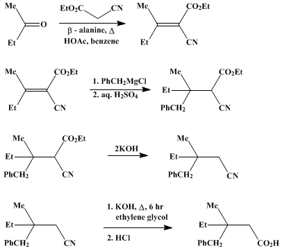 Reaction equation for 3-BENZYL-3-METHYLPENTANOIC ACID (Valeric acid, 3-benzyl-3-methyl-)