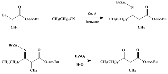 Reaction equation for sec-BUTYL α-n-CAPROYLPROPIONATE (Octanoic acid, 2-methyl-3-oxo-, sec-butyl ester)