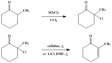Reaction equation for 2-CHLORO-2-METHYLCYCLOHEXANONE and 2-METHYL-2-CYCLOHEXENONE ((Cyclohexanone, 2-chloro-2-methyl-) and (2-Cyclohexen-1-one, 2-methyl-))
