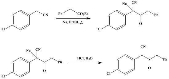 Reaction equation for α-(4-CHLOROPHENYL)-γ-PHENYLACETOACETONITRILE (Acetoacetonitrile, 2-(p-chlorophenyl)-4-phenyl-)