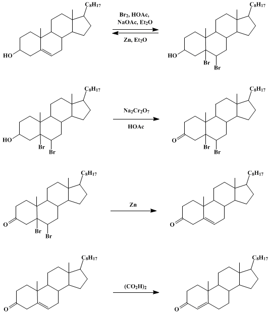 Reaction equation for CHOLESTEROL, Δ5-CHOLESTEN-3-ONE, AND Δ4-CHOLESTEN-3-ONE (Cholesterol, Cholest-5-en-3-one, and Cholest-4-en-3-one)