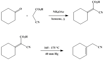 Reaction equation for CYCLOHEXYLIDENECYANOACETIC ACID AND 1-CYCLOHEXENYLACETONITRILE (Δ1,α-Cyclohexaneacetic acid, α-cyano-, and 1-Cyclohexene-1-acetonitrile)