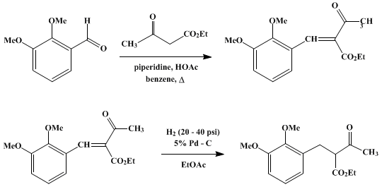 Reaction equation for ETHYL α-ACETYL-β-(2,3-DIMETHOXYPHENYL)-PROPIONATE (Hydrocinnamic acid, α-acetyl-2,3-dimethoxy-, ethyl ester)