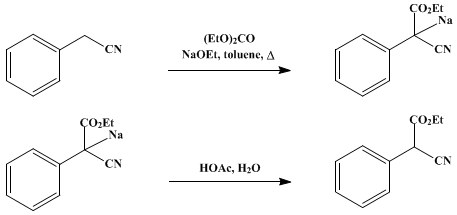 Reaction equation for ETHYL PHENYLCYANOACETATE (Acetic acid, cyanophenyl-, ethyl ester)