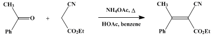 Reaction equation for ETHYL (1-PHENYLETHYLIDENE)CYANOACETATE (Cinnamic acid, α-cyano-β-methyl-, ethyl ester)