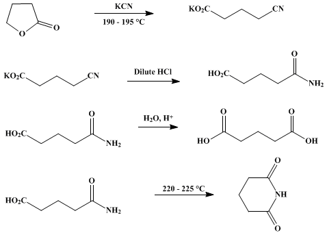 Reaction equation for GLUTARIC ACID AND GLUTARIMIDE (1. FROM γ-BUTYROLACTONE)