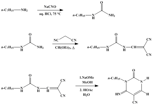 Reaction equation for 3-n-HEPTYL-5-CYANOCYTOSINE (2(1H)-Pyrimidinone, 5-cyano-3-heptyl-4(3)-imino-)