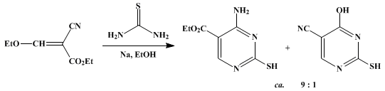 Reaction equation for 2-MERCAPTO-4-AMINO-5-CARBETHOXYPYRIMIDINE AND 2-MERCAPTO-4-HYDROXY-5-CYANOPYRIMIDINE (5-Pyrimidinecarboxylic acid, 4-amino-2-mercapto-, ethyl ester)