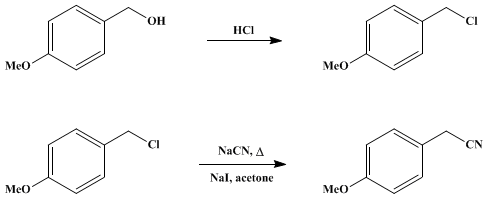 Reaction equation for p-METHOXYPHENYLACETONITRILE (Acetonitrile, p-methoxyphenyl-)