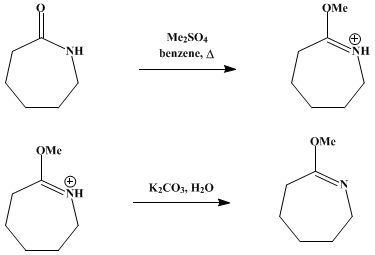 Reaction equation for O-METHYLCAPROLACTIM (2H-Azepine, 7-methoxy-3,4,5,6-tetrahydro-)