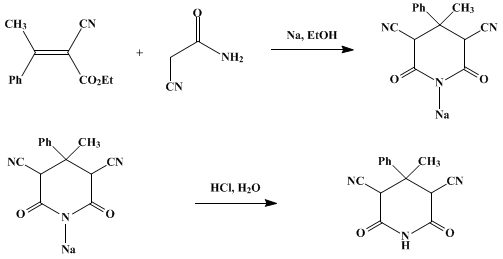 Reaction equation for β-METHYL-β-PHENYL-α,α'-DICYANOGLUTARIMIDE (Glutarimide, 2,4-dicyano-3-methyl-3-phenyl-)