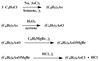 Reaction equation for TETRAPHENYLARSONIUM CHLORIDE HYDROCHLORIDE (Arsonium chloride, tetraphenyl-, hydrochloride)
