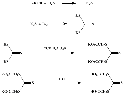 Reaction equation for TRITHIOCARBODIGLYCOLIC ACID (Carbonic acid, trithio-, bis[carboxymethyl] ester)