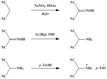Reaction equation for AMINOMALONONITRILE p-TOLUENESULFONATE (Malononitrile, amino-, p-toluenesulfonate)