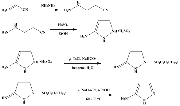 Reaction equation for 3(5)-AMINOPYRAZOLE (Pyrazole, 3(or 5)-amino-)