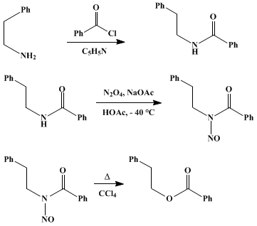 Reaction equation for DEAMINATION OF AMINES. 2-PHENYLETHYL BENZOATE VIA THE NITROSOAMIDE DECOMPOSITION (Benzoic acid, 2-phenylethyl ester)