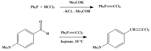 Reaction equation for DICHLOROMETHYLENETRIPHENYLPHOSPHORANE AND β,β-DICHLORO-p-DIMETHYLAMINOSTYRENE (Phosphorane, (dichloromethylene) triphenyl-1)