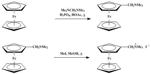 Reaction equation for N,N-DIMETHYLAMINOMETHYLFERROCENE METHIODIDE (Iron, cyclopentadienyl[(dimethylaminomethyl)cyclopentadienyl]-, methiodid)