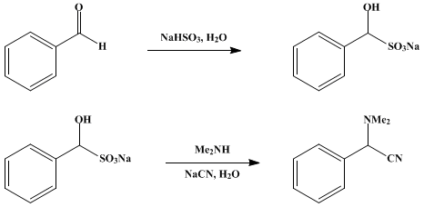 Reaction equation for α-(N,N-DIMETHYLAMINO)PHENYLACETONITRILE (Glycinonitrile, N,N-dimethyl-2-phenyl-)