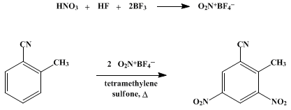 Reaction equation for 3,5-DINITRO-o-TOLUNITRILE (Benzonitrile, 2-methyl-3,5-dinitro-)