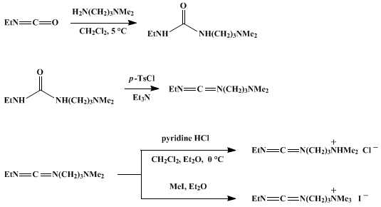 Reaction equation for 1-ETHYL-3-(3-DIMETHYLAMINO)PROPYLCARBODIIMIDE HYDROCHLORIDE AND METHIODIDE (Carbodiimide, [3-(dimethylamino)propyl]ethyl-, hydrochloride and Ammonium iodide, [3-[[(ethylimino)methylene]amino]propyl]trimethyl-)