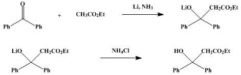 Reaction equation for ETHYL β-HYDROXY-β,β-DIPHENYLPROPIONATE (Hydracrylic acid, 3,3-diphenyl, ethyl ester)